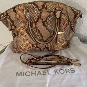 Michael Kors Riley Large Satchel Python Embossed Leather Handbag Brown, Tan